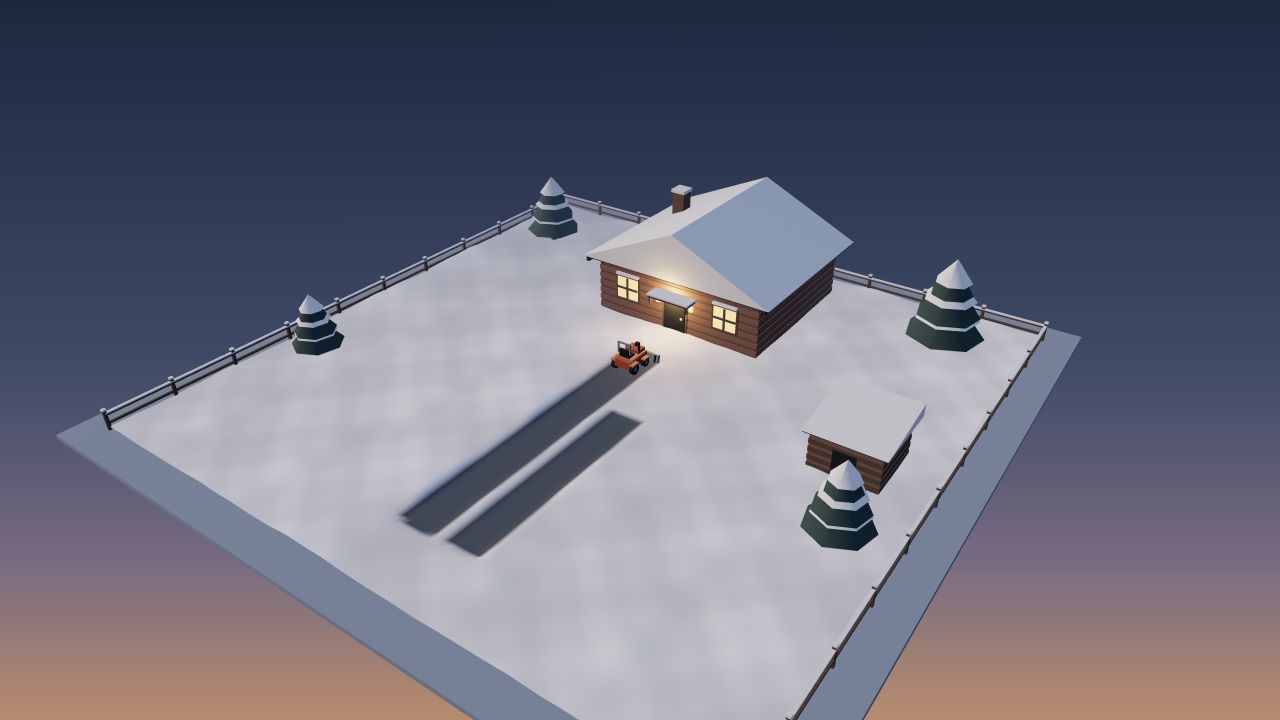 A tiny snow plough and cleared paths in a snowy yard outside a warmly lit cottage.